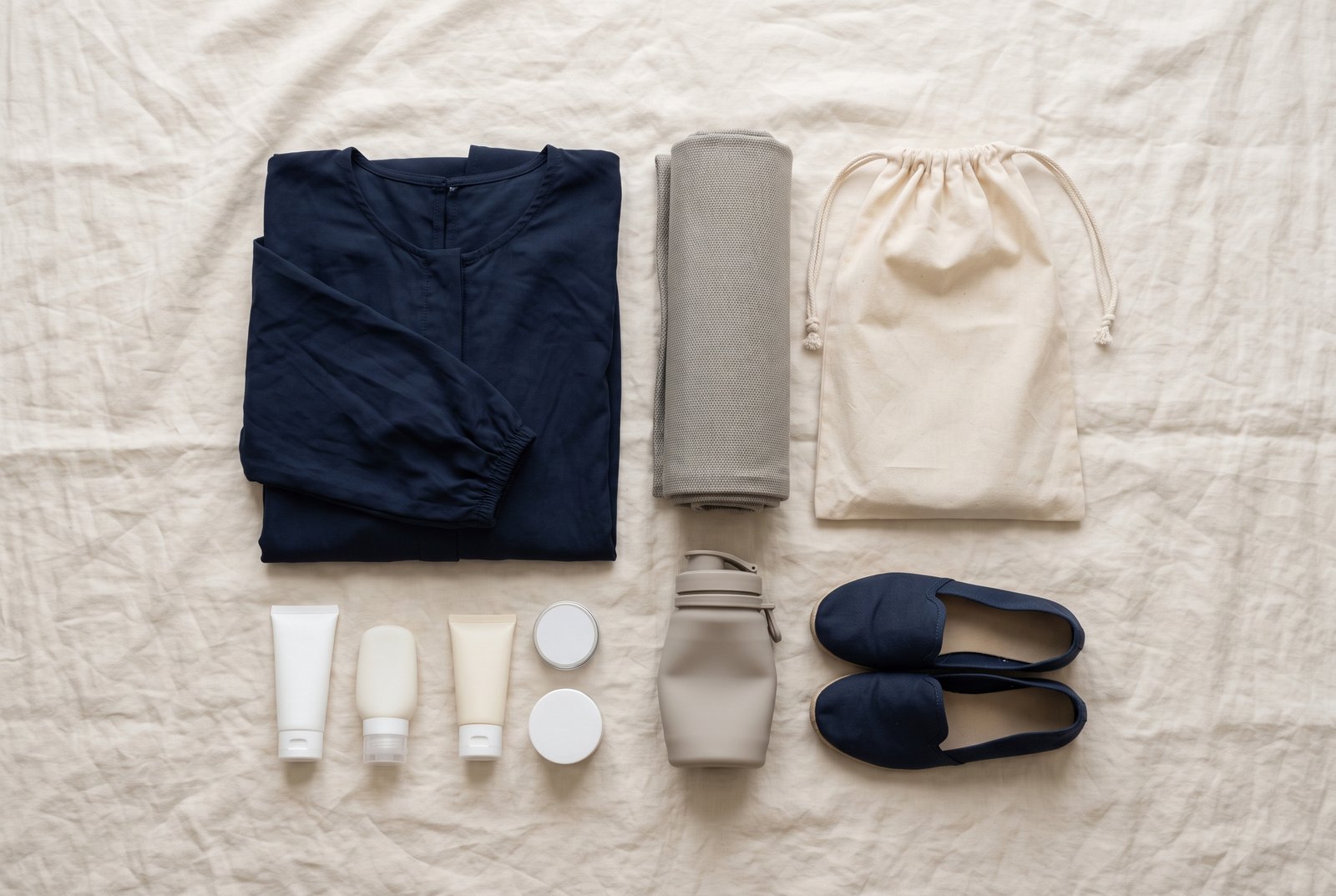 Umrah packing essentials for women laid out on a cream linen surface