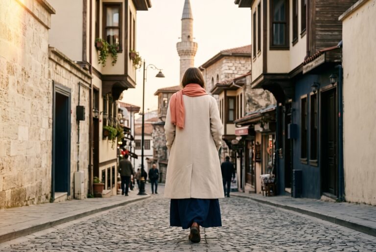 Woman in a cream coat and coral scarf walking an Istanbul street