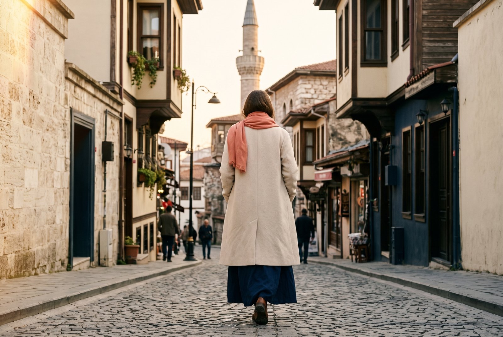 Woman in a cream coat and coral scarf walking an Istanbul street