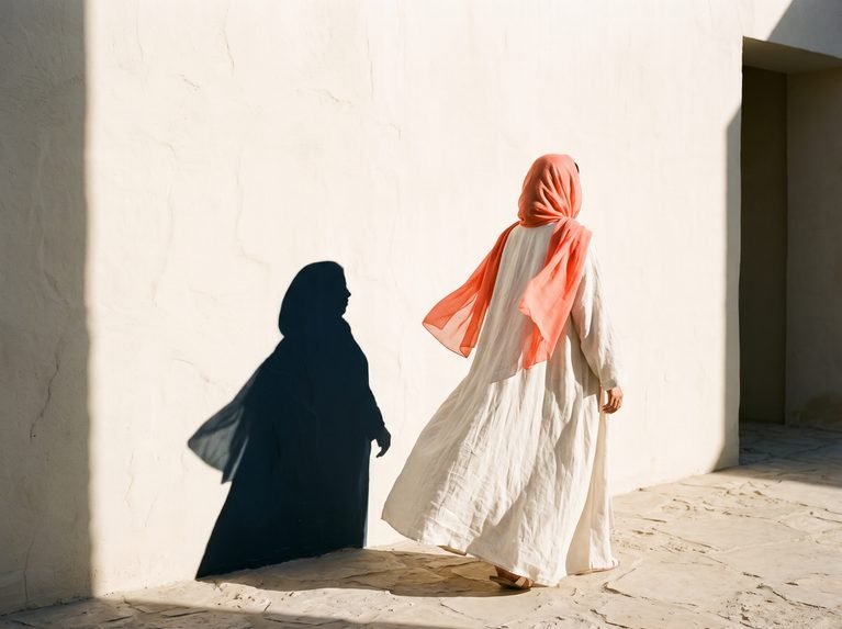 Woman in a loose cream linen abaya and coral scarf in bright sunlight