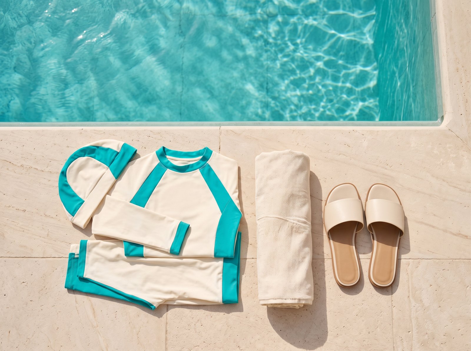 Cream and turquoise modest swimsuit folded at the edge of a hotel pool