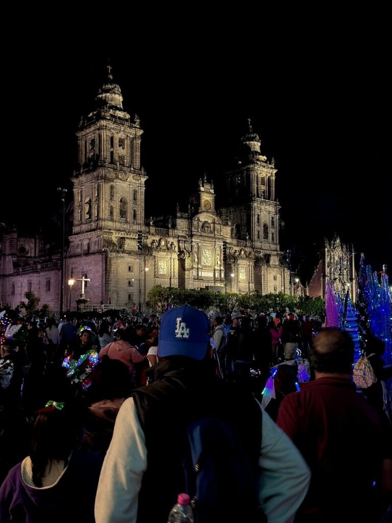 Illuminated cathedral with a crowd at night in Mexico City, Mexico